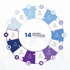 Blue tone circle infographic with 14 steps, process or options.