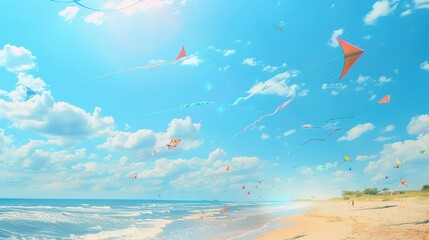 Fototapeta premium A dynamic summer beach with a group of children flying kites, their colorful kites soaring high in the clear blue sky.