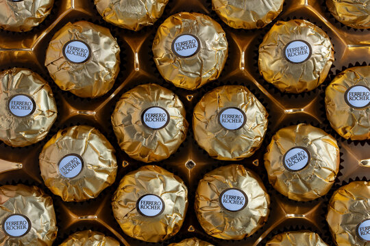 Box of Ferrero Rocher premium chocolate sweets produced by the Italian chocolatier Ferrero SpA, close up