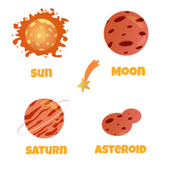 Space vector icon set. Astronaut, planet, satellite, rocket, ufo, comet cartoon objects