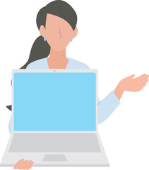 ノートパソコンを持ち案内をする女性のビジネスパーソン