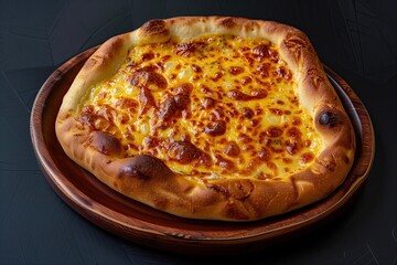 Khachapuri. A cheese pie. Georgian cuisine. Pastry. Georgian cheese bread. National food of a country of Georgia. A golden brown flaky khachapuri. Baked round cheese khachapuri
