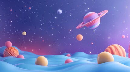 Surreal cosmic landscape featuring vibrant planets and stars against a dreamy purple and blue sky, evoking a fantastical outer space scene. 3D Illustration.