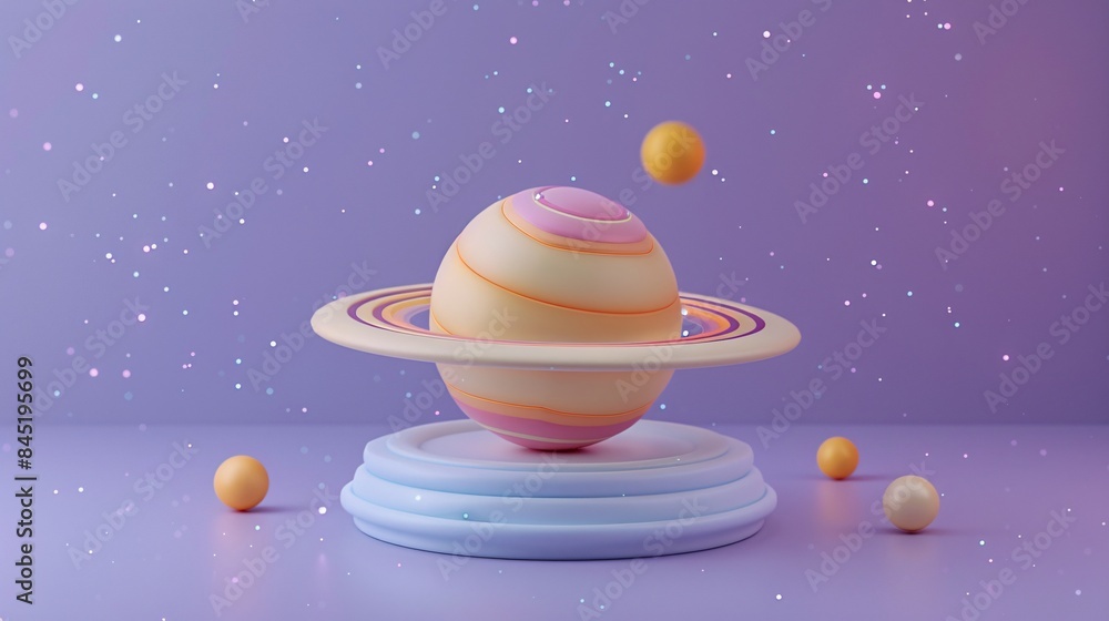 Poster whimsical 3d rendering of a pastel-colored saturn-like planet with vibrant rings, surrounded by smal