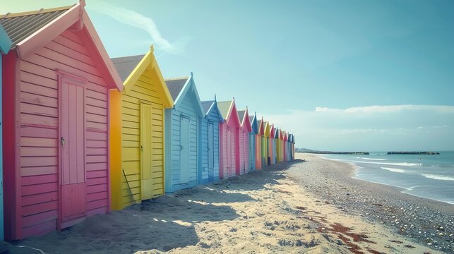 A picturesque summer beach with colorful beach huts lined up along the shore, each painted in bright, cheerful colors.