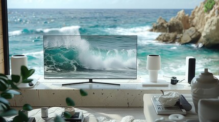 Flat screen modern TV with a very realistic screensaver, wallpaper. Generated by artificial intelligence  