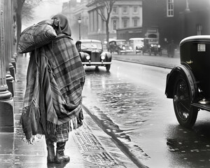 Obraz premium A person, wrapped in blankets, walks down a wet street, carrying belongings. Vintage cars and buildings line the background, highlighting a historical period marked by hardship and survival.