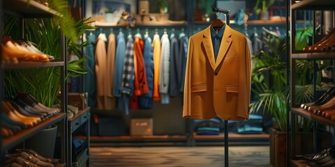 Naklejka premium Fashionable Clothing Display in Trendy Store. Concept Fashion Boutique, Window Display, Stylish Mannequins, Latest Trends