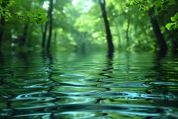 Tranquil Forest Reflection on Rippling Water Surface - Serene Natural Landscape for Posters and Relaxation