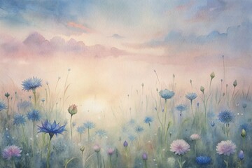 Obraz premium Field with cornflowers in watercolor style, pastel colors.