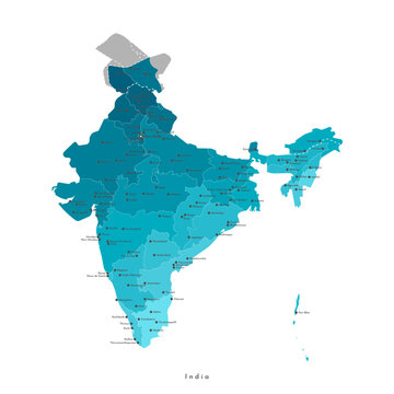 Vector modern isolated illustration. Simplified administrative blue map of India. White background. Names of big cities like New Delhi, Mumbai and regions borders