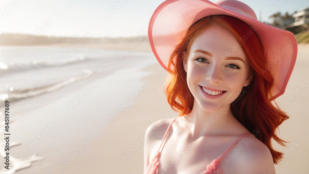 Sticker a beautiful redhead girl smiling on a beach, captured in a portrait. the evening sunlight casts a wa