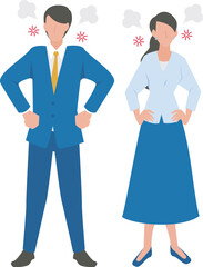 腰に手を当てて怒る男性と女性のビジネスパーソン
