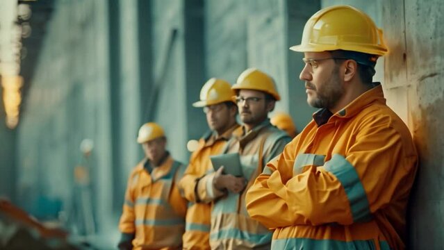 A Manager and a group of engineers in safety suit and yellow helmet standing near concrete wall using tablet on construction site,