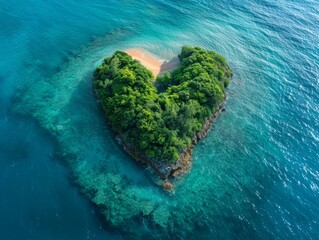 Paradise Found: Heartshaped Tropical Island Oasis with Turquoise Waters and Verdant Greenery from Aerial View