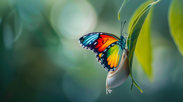 metamorphosis butterfly emerge from cocoon green leaves nature transformation growth copy space