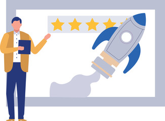 Guy is talking about star rating startup rocket for business.