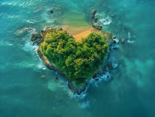 Serene Heartshaped Island Oasis: Aerial View of Vibrant Beach with Lush Greenery and Turquoise Ocean Surroundings