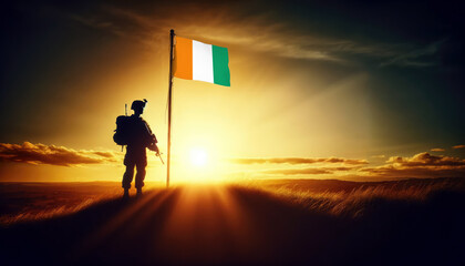 A soldier standing beside the Cote d'Ivoire flag at sunset, symbolizing courage and dedication to the nation