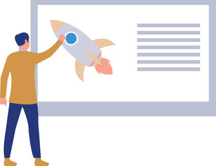 The boy is pointing to the rocket.