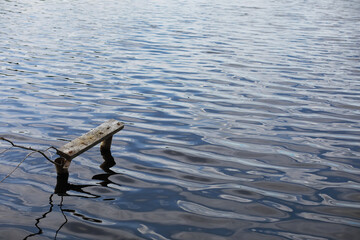 Serene Wooden Bench Partially Submerged in Tranquil Rippling Water