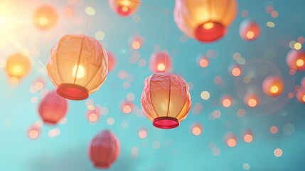 Colorful Eid Lanterns Floating on Pastel Sky