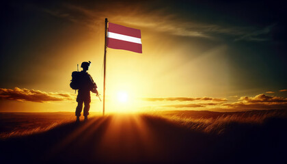 Fototapeta premium A soldier standing beside the Latvia flag at sunset, symbolizing courage and dedication to the nation