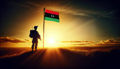 A soldier standing beside the Libya flag at sunset, symbolizing courage and dedication to the nation