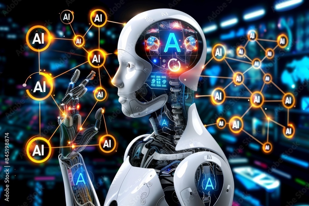 Poster cybernetic ai robot head with glowing circuits, high tech illustration of artificial intelligence, v