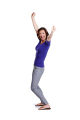 Woman, excited and portrait of winning or achievement and success in studio with smile and pride. Celebrate, female person and wow emoji for good news and review by white background for mockup space