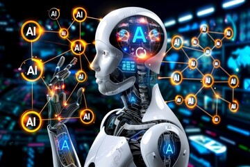 Cybernetic AI robot head with glowing circuits, high tech illustration of artificial intelligence, vibrant colors, futuristic design