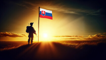 A soldier standing beside the Slovakia flag at sunset, symbolizing courage and dedication to the nation