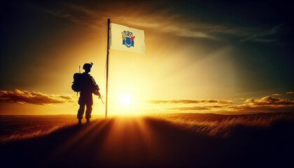 Fototapeta premium A soldier standing beside the New Jersey flag at sunset, symbolizing courage and dedication to the nation
