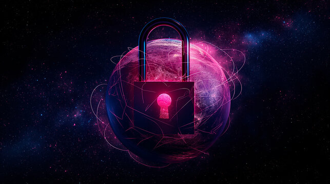 Padlock symbol around glowing Earth, neon graphic style, space background. Concept of cybersecurity and global digital protection.  Generative AI