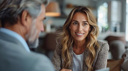 Obraz premium A financial advisor using a laptop to explain investment options to a middle-aged couple in a clean, white office setting. The scene is captured in 8K resolution with 32k super-resolution and