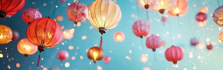 Colorful Eid Lanterns Floating on Pastel Sky