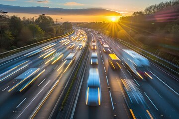 Heavy traffic moving at speed on motorway at sunset motion blur