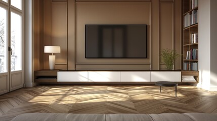 Modern living room with a blank TV screen on a light brown wall, bookshelf on the right, and a round table on a wooden floor. Home interior mockup.  Generative AI