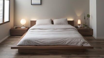Bedroom with comfortable soft white mattress on cot, wooden resort hotel room. Interior design inspiration.