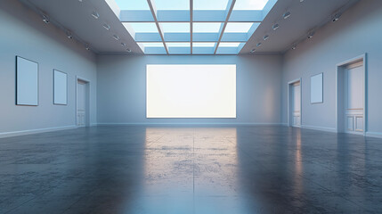 Modern gallery with blank posters on the walls, glossy floor, and skylight background. Concept of interior design and contemporary art exhibit.  Generative AI