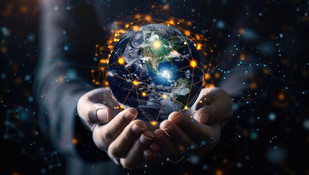 Hand holding virtual world earth planet with copy space