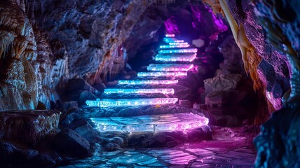 Enchanting stone stairs with neon lights in a mysterious cave setting