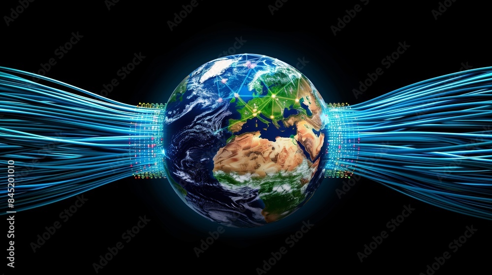 Poster earth connected with digital data lines on black background. concept of global communication and int