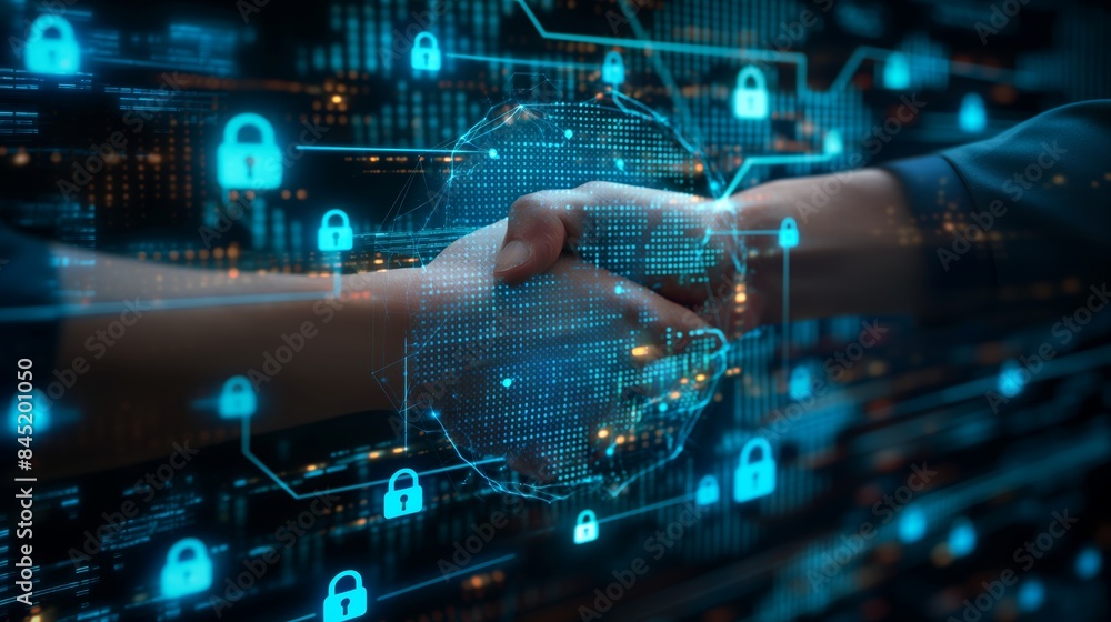 Poster two people shaking hands surrounded by digital cybersecurity icons on a dark background. concept of 