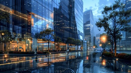 Modern cityscapes  futuristic urban landscapes with glass facades in digital renderings