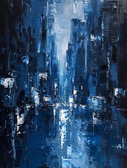 Abstract blue cityscape, oil painting, with thick brush strokes and high contrast between dark blue and light silver colors. Reflections of city lights on water surface. urban landscape. generative AI