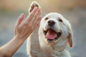 Funny dog doing high five with the owner. ai generated