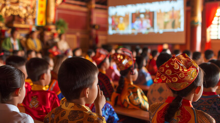 a  of a traditional coming-of-age ceremony updated to include modern elements, such as speeches and multimedia presentations, Adaptation to modernity, Reviewing, trad