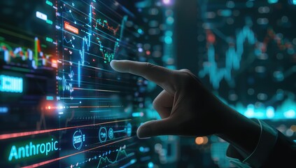 Fototapeta premium Investment Insight: Businessman Analyzing Graph, Strategic Touch: Businessman Interacting with Investment Graph