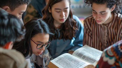 a close-up image of a group of young adults in a study circle, reading and discussing a sacred text with contemporary relevance, guided by a knowledgeable facilitator, Text Interpr